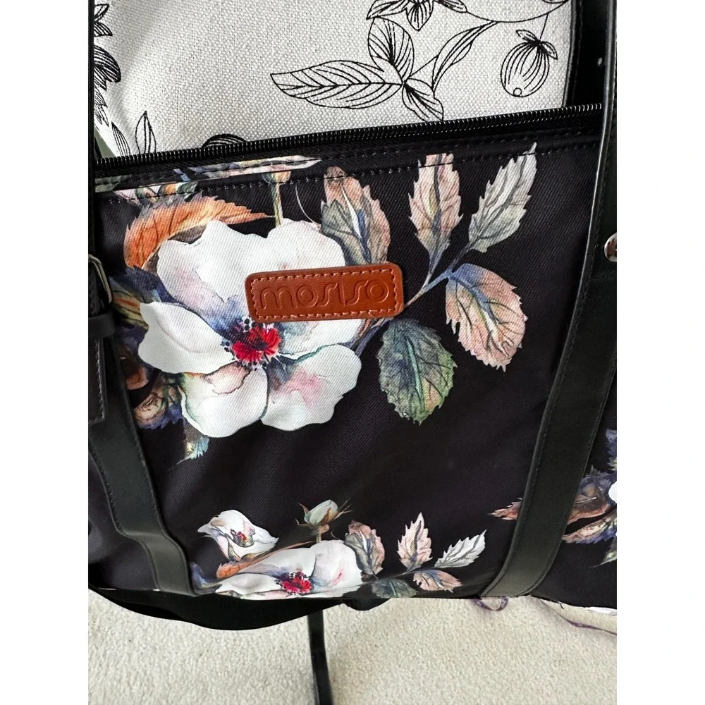 Mosiso Laptop Tote Bag Black Hibiscus Print USB Charging Port Crossbody Strap